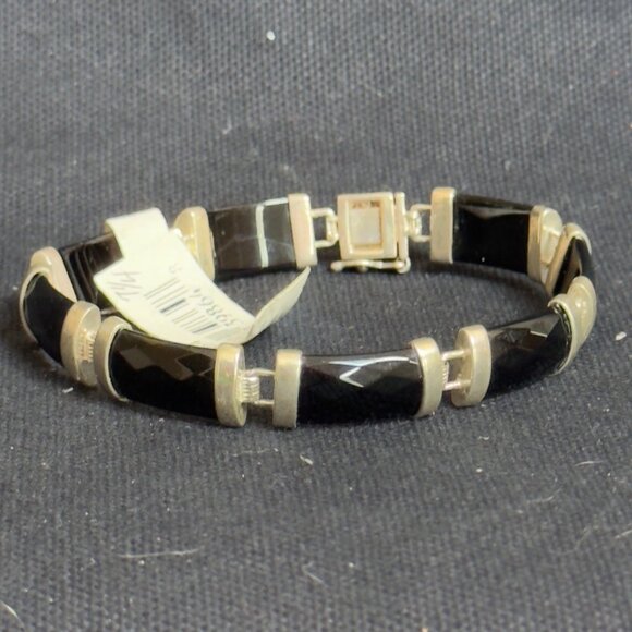 Elegant Vintage .925 Sterling Silver Faceted Onyx Womens Bracelet Secure Clasp - Picture 9 of 12